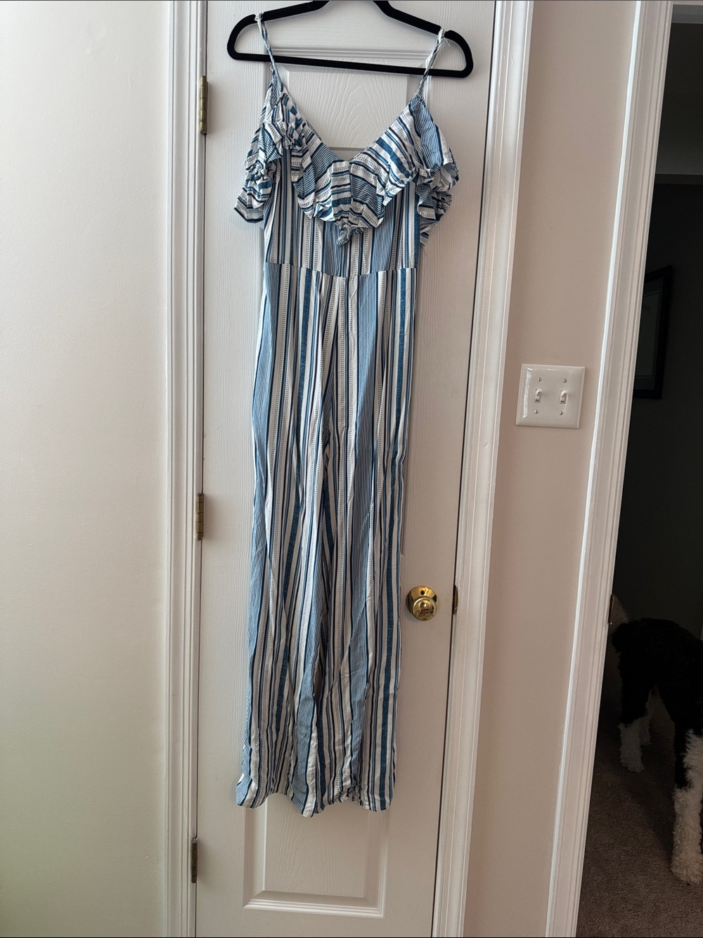Flying Tomato Blue and White Striped Off-Shoulder Jumpsuit